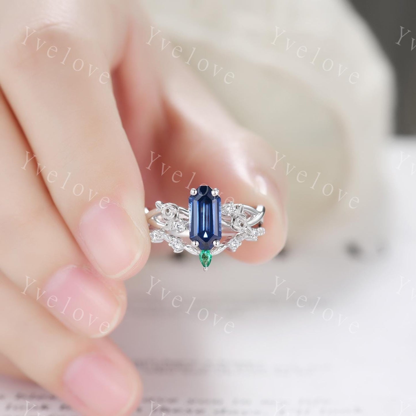 Vintage Blue Sapphire Twig Engagement Ring Set,leaves flower ring,Silver,Curved emerald stacking wedding band,Unique Bridal Promise Gift