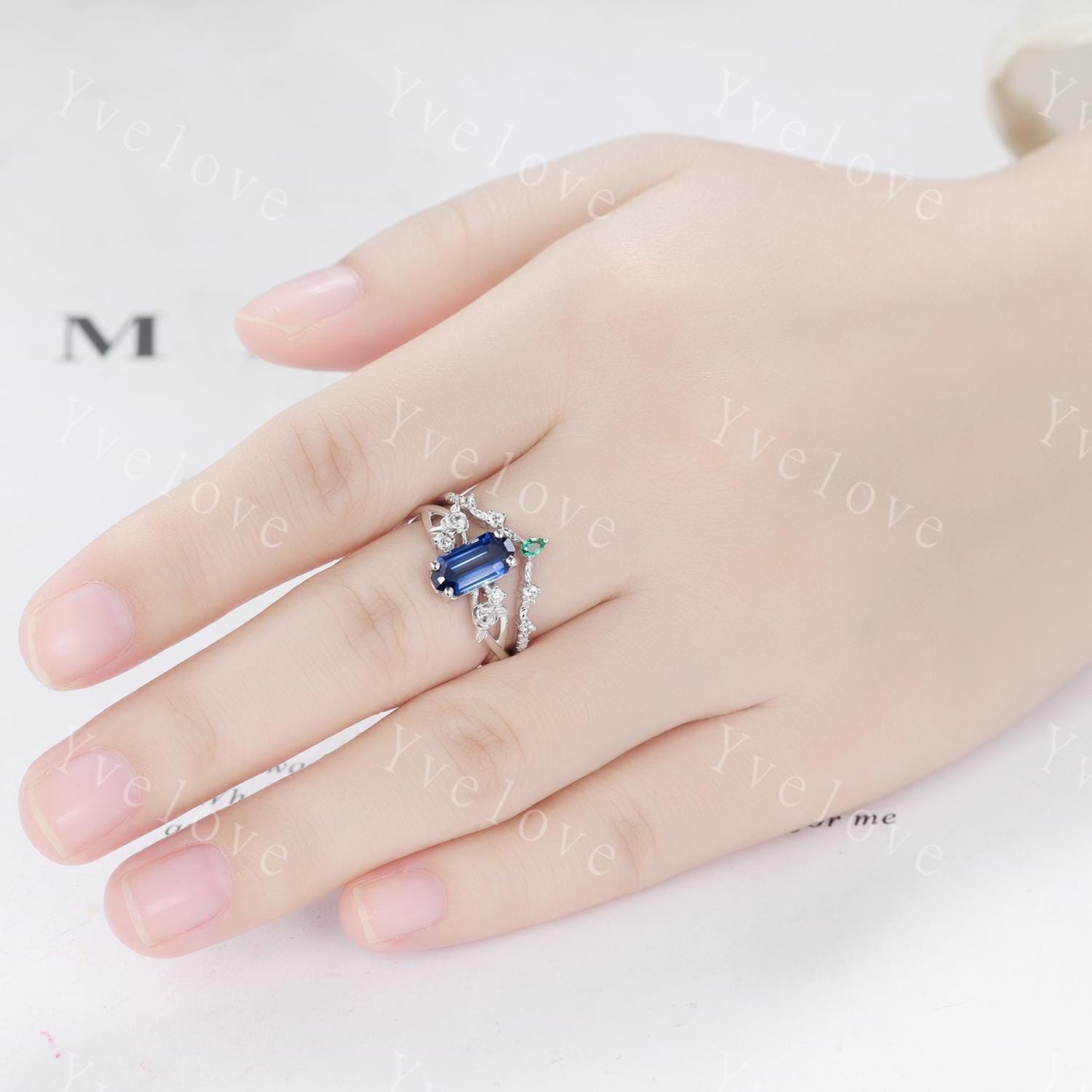 Vintage Blue Sapphire Twig Engagement Ring Set,leaves flower ring,Silver,Curved emerald stacking wedding band,Unique Bridal Promise Gift