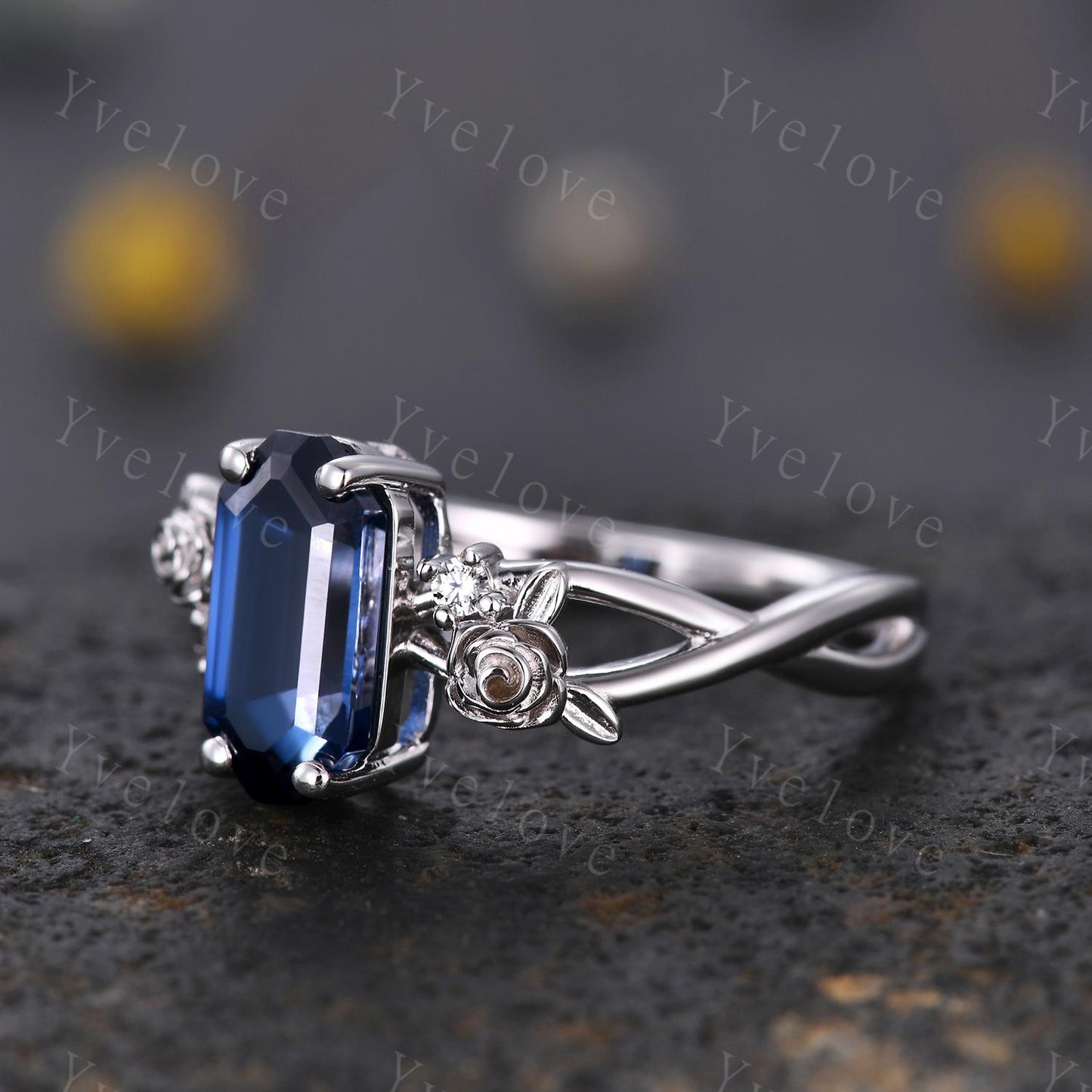 Vintage Blue Sapphire Twig Engagement Ring Set,leaves flower ring,Silver,Curved emerald stacking wedding band,Unique Bridal Promise Gift