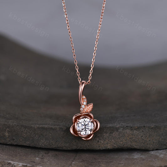 Vintage round Moissanite necklace antique floral leaf pendant necklace rose gold nature inspired necklace Moissanite gift for her