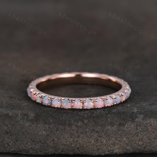 2mm Opal Wedding Band, Full Eternity Wedding Band, Unique Matching Stacking Band, Rose Gold October Birthstone Band, Anniversary Gift