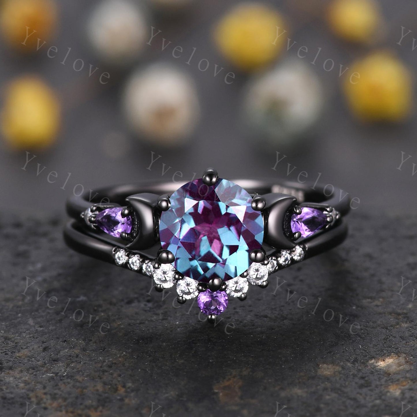 Unique round cut alexandrite ring black gold amethyst moon engagement ring diamond bridal wedding ring set women jewelry promise ring gift