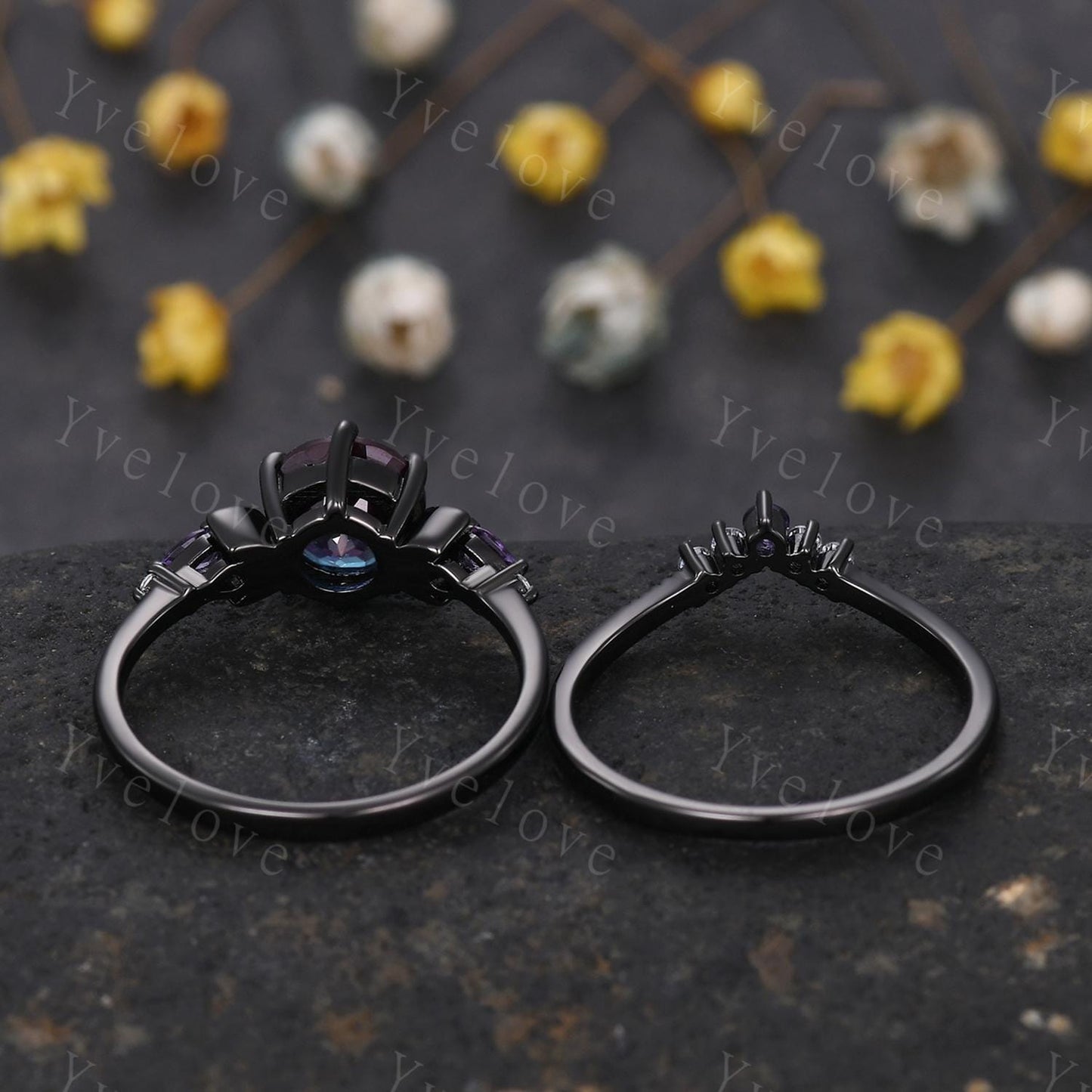 Unique round cut alexandrite ring black gold amethyst moon engagement ring diamond bridal wedding ring set women jewelry promise ring gift