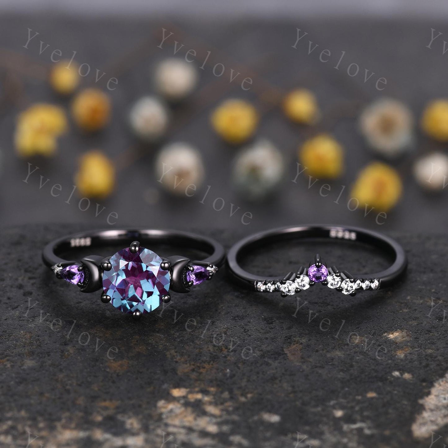 Unique round cut alexandrite ring black gold amethyst moon engagement ring diamond bridal wedding ring set women jewelry promise ring gift