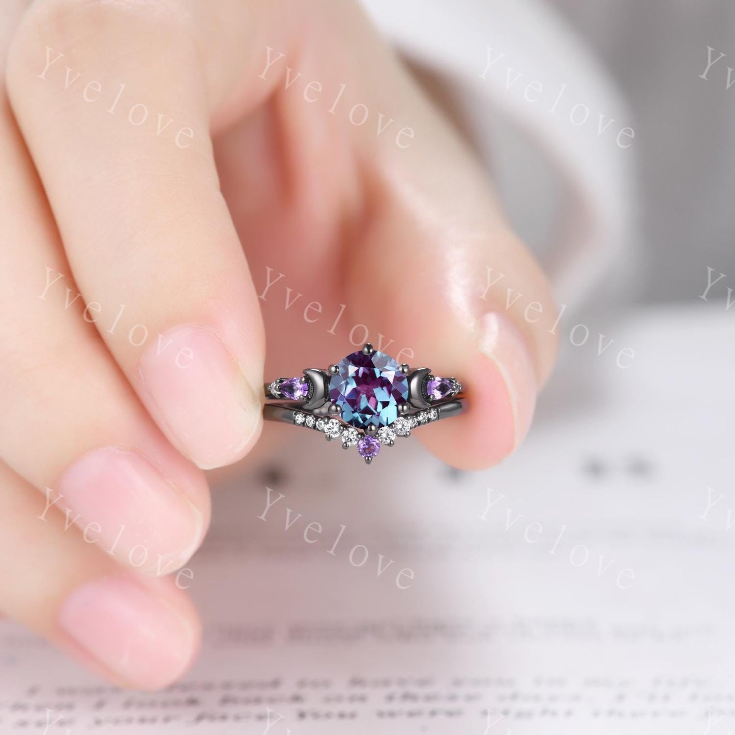 Unique round cut alexandrite ring black gold amethyst moon engagement ring diamond bridal wedding ring women jewelry promise ring gift