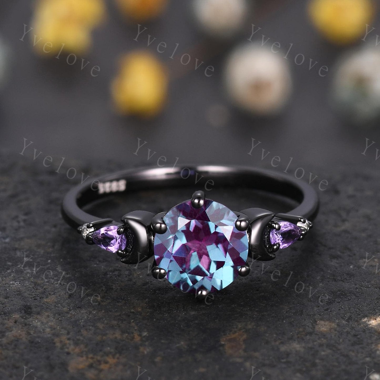 Unique round cut alexandrite ring black gold amethyst moon engagement ring diamond bridal wedding ring set women jewelry promise ring gift