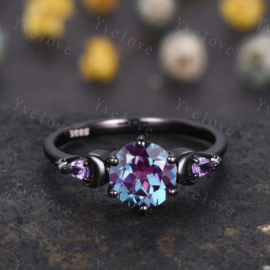 Unique round cut alexandrite ring black gold amethyst moon engagement ring diamond bridal wedding ring women jewelry promise ring gift
