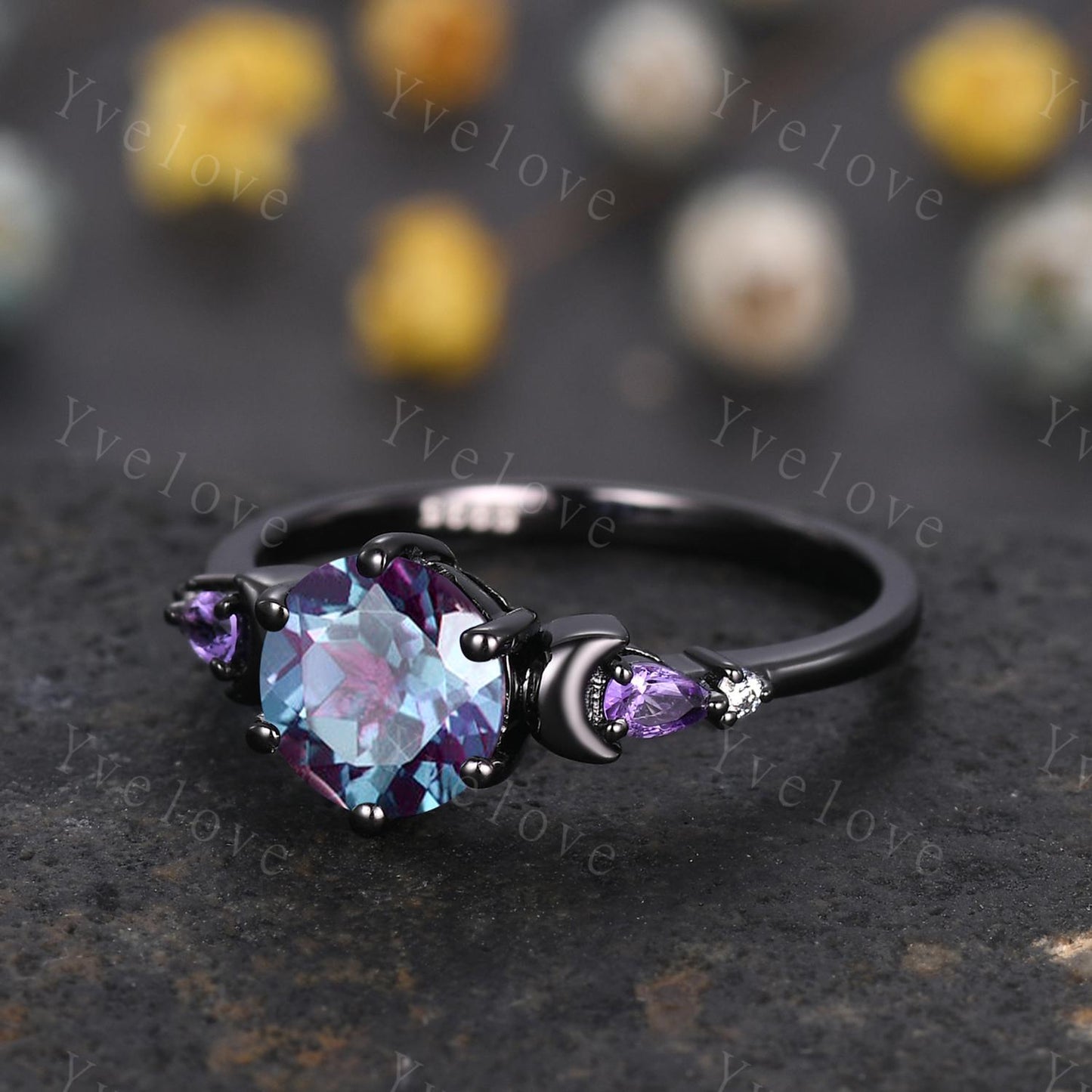 Unique round cut alexandrite ring black gold amethyst moon engagement ring diamond bridal wedding ring set women jewelry promise ring gift