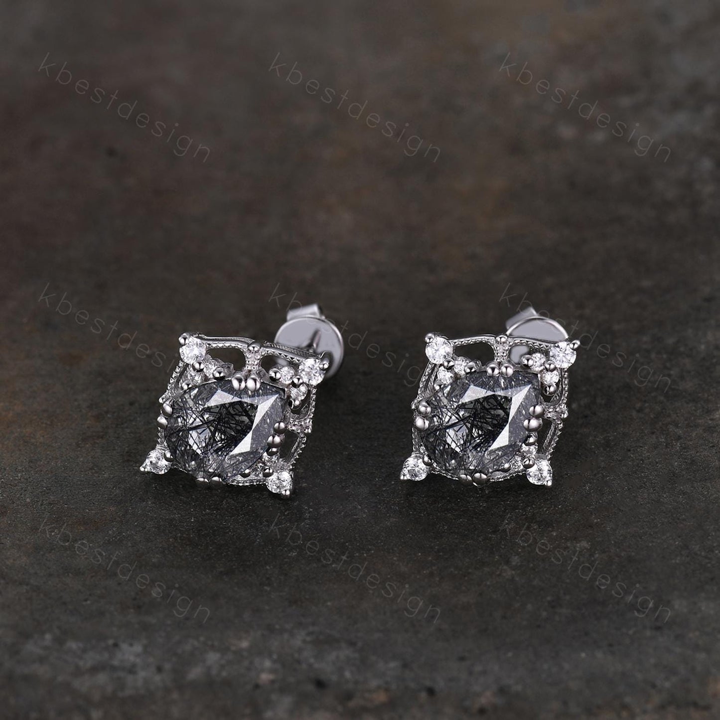 Black ritulated quartz earrings women sterling silver earring studs pear cut earrings vintage quartz studs antique anniversary gift for her