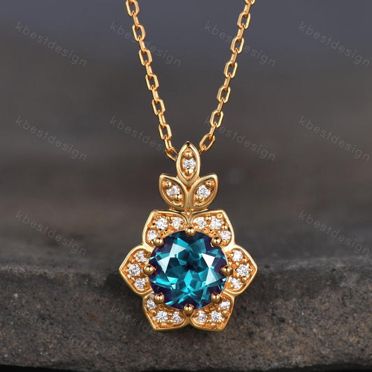 Vintage round Alexandrite necklace antique moissanite halo pendant necklace yellow gold alexandrite necklace June Birthstone gift for her