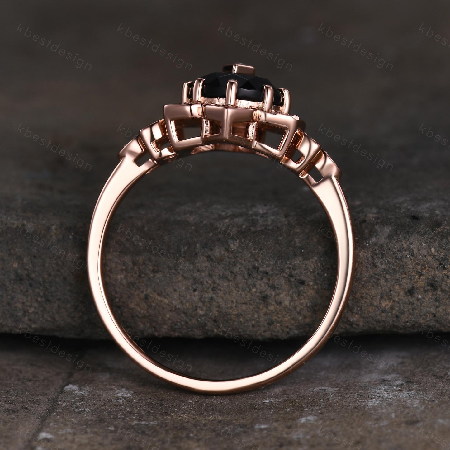 Vintage round Black Onyx engagement ring antique moissanite halo ring rose gold floral petal ring Nature inspired ring Promise ring