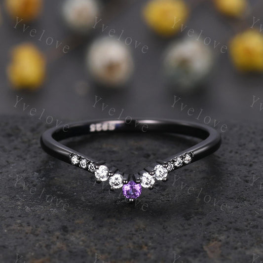 Retro Amethyst Moissanite Engagement Ring,Gothic V Curved Matching Band Stackable Wedding Band,Black Gold Wedding Band Gift For Women