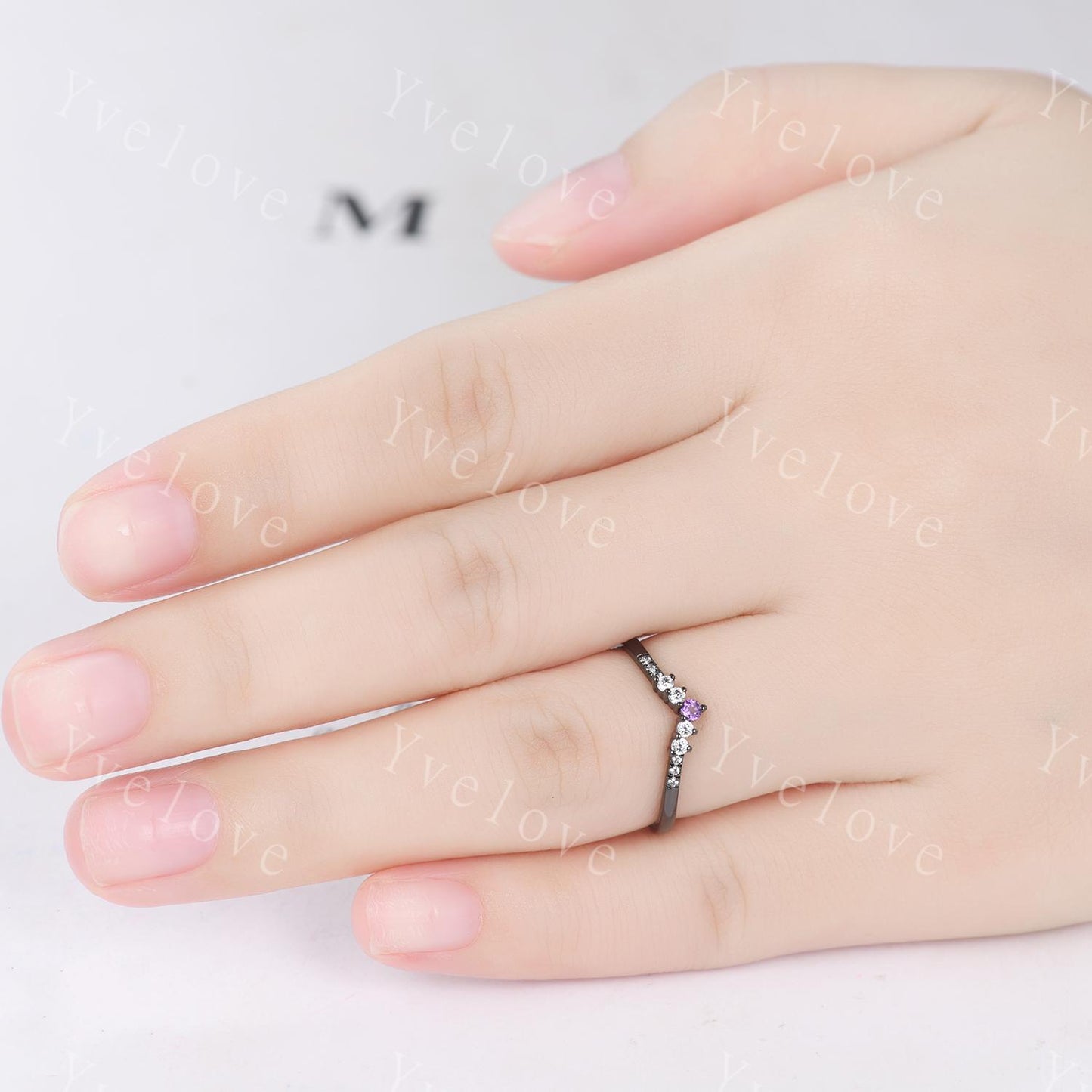 Retro Amethyst Moissanite Engagement Ring,Gothic V Curved Matching Band Stackable Wedding Band,Black Gold Wedding Band Gift For Women