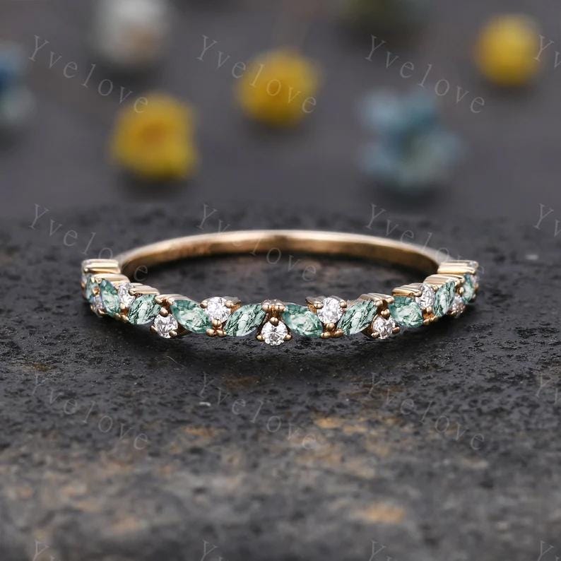 Marquise alexandrite wedding band vintage alexandrite ring gold moissanite antique unique stacking band anniversary promise matching band