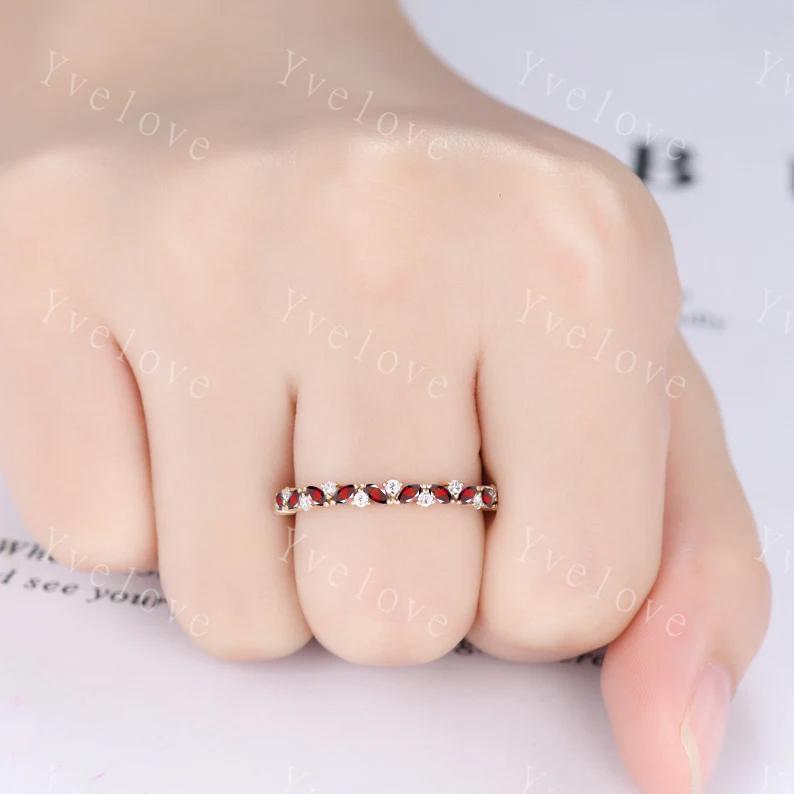 Red Garnet wedding band half eternity art deco garnet ring 14k gold marquise gemstone promise bridal stacking matching band birthstone gift