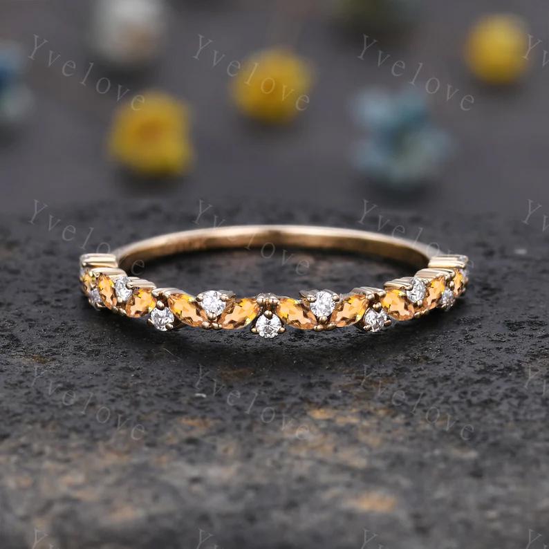 Red Garnet wedding band half eternity art deco garnet ring 14k gold marquise gemstone promise bridal stacking matching band birthstone gift