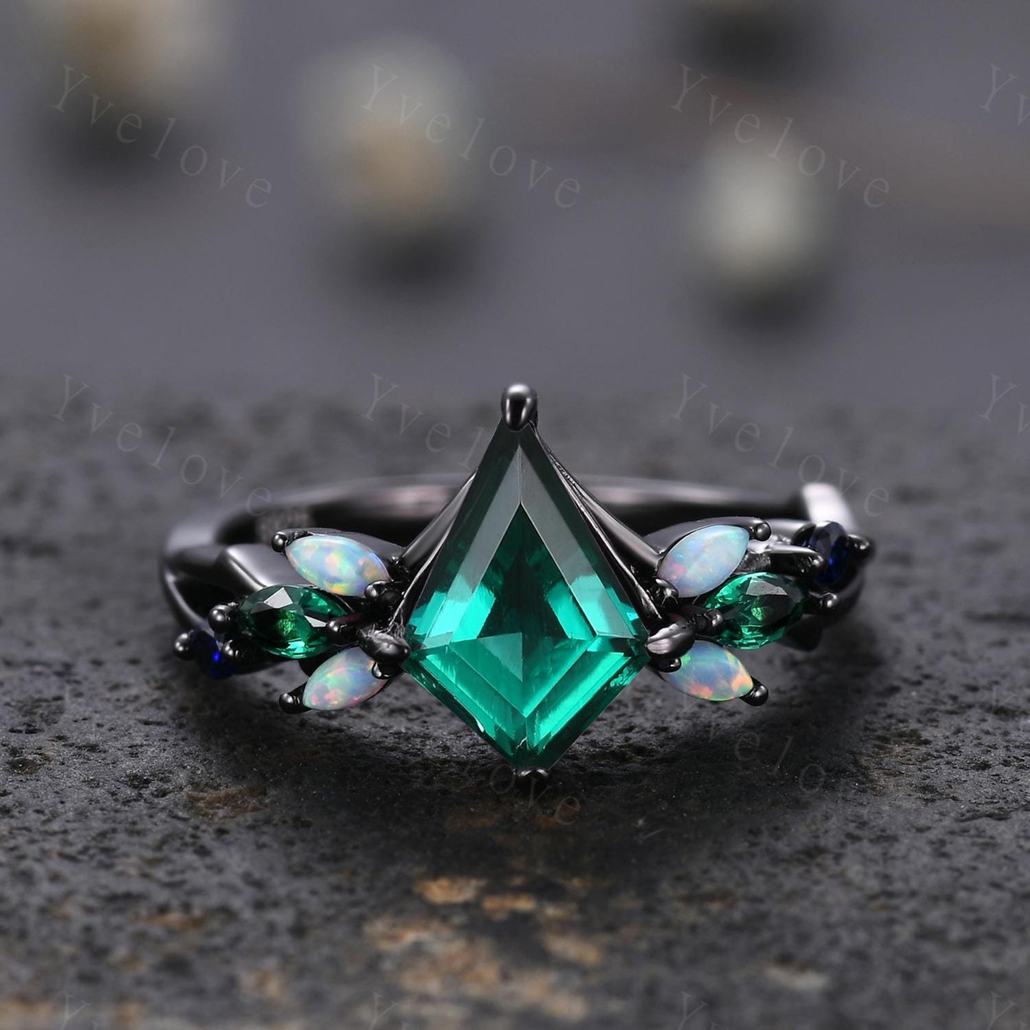Vintage Kite Emerald Engagement Ring Set,Black Gold,Vines Sapphire Opal Ring,Women Bridal Set,Unique Twig Anniversary Promise Ring Gift