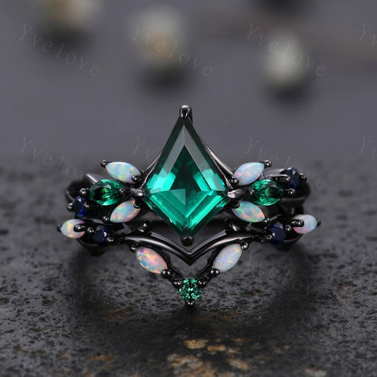 Vintage Kite Emerald Engagement Ring Set,Black Gold,Vines Sapphire Opal Ring,Women Bridal Set,Unique Twig Anniversary Promise Ring Gift