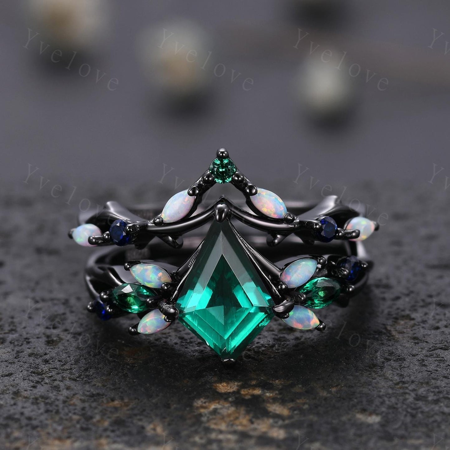Vintage Kite Emerald Engagement Ring Set,Black Gold,Vines Sapphire Opal Ring,Women Bridal Set,Unique Twig Anniversary Promise Ring Gift