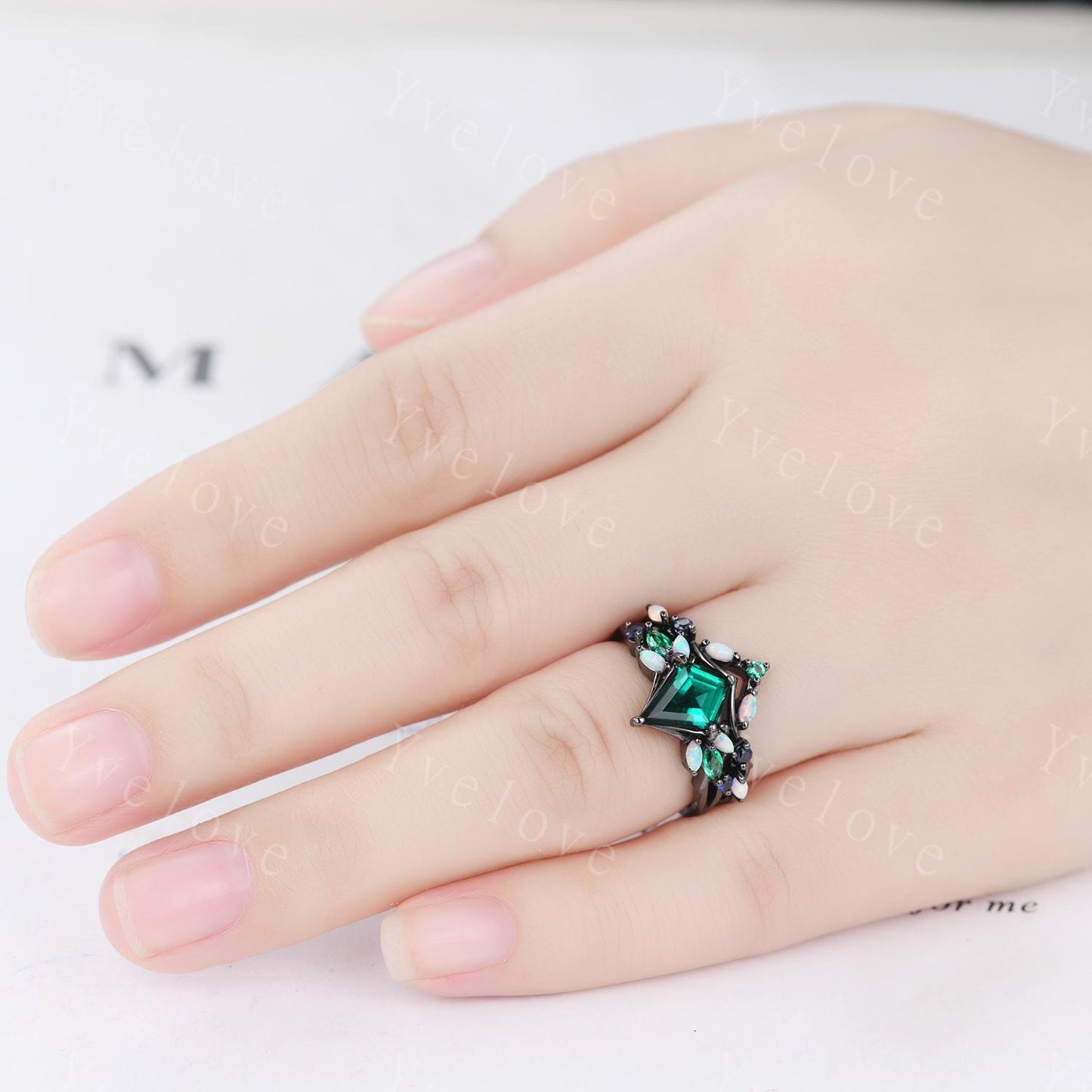 Vintage Kite Emerald Engagement Ring Set,Black Gold,Vines Sapphire Opal Ring,Women Bridal Set,Unique Twig Anniversary Promise Ring Gift