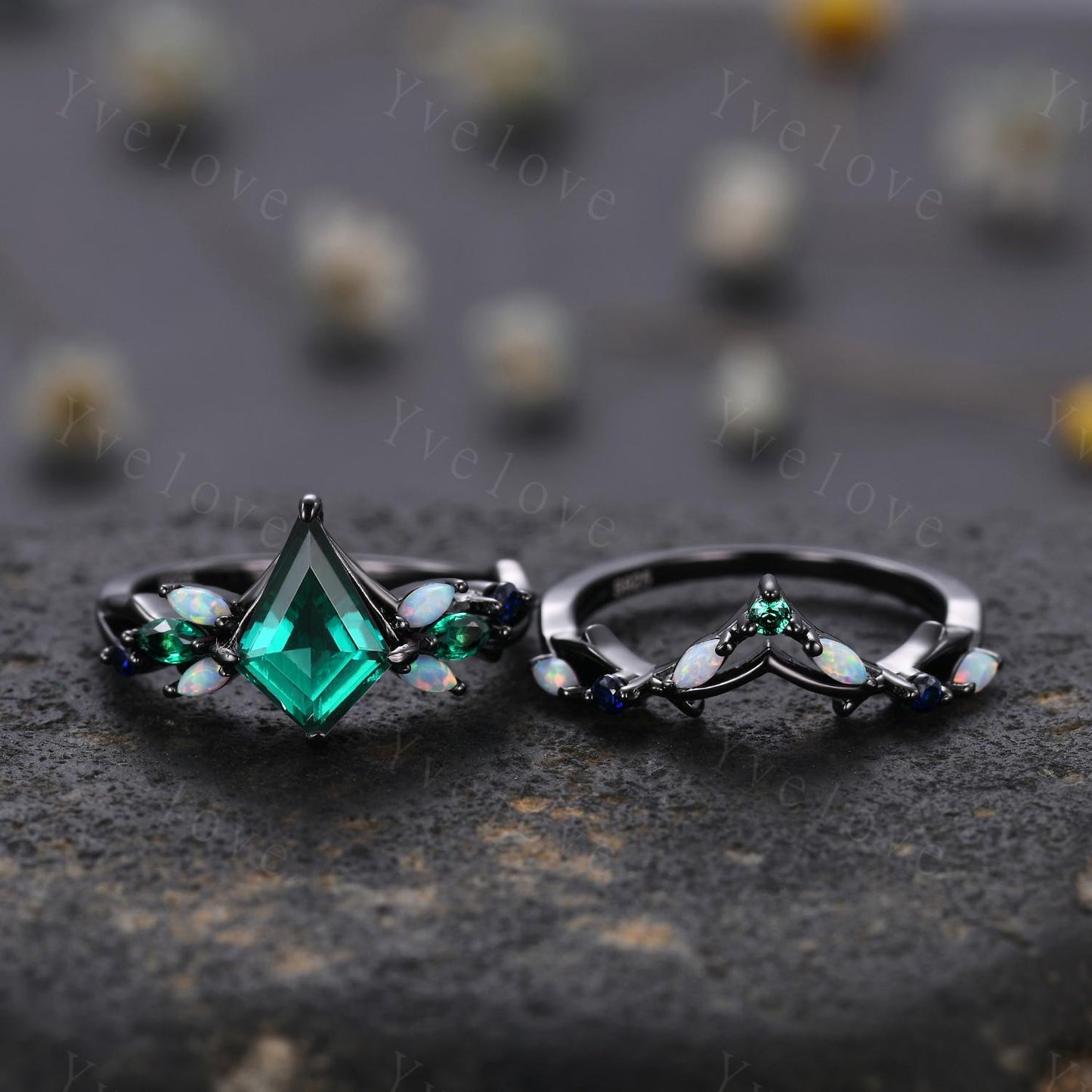 Vintage Kite Emerald Engagement Ring Set,Black Gold,Vines Sapphire Opal Ring,Women Bridal Set,Unique Twig Anniversary Promise Ring Gift
