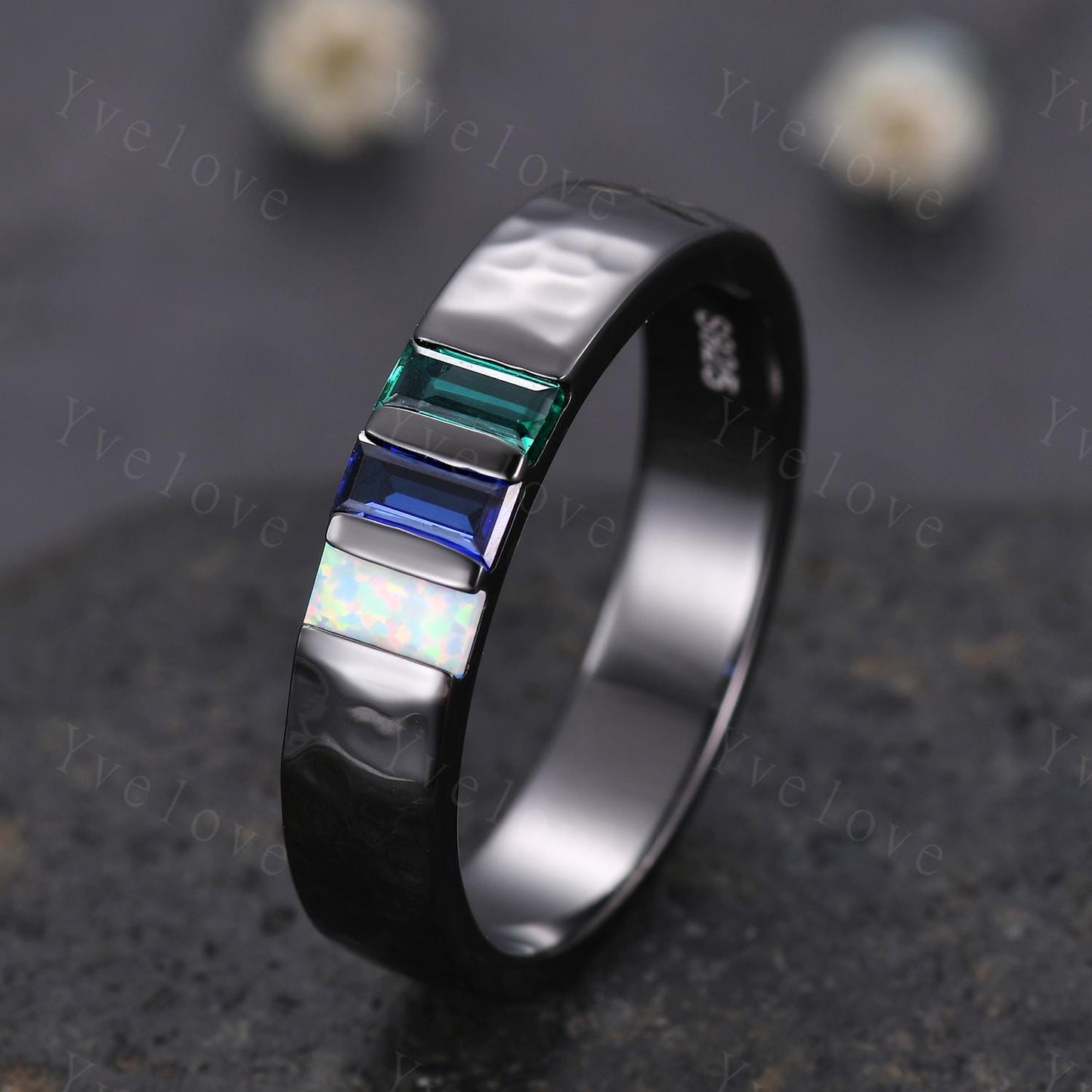 Mens Blue Sapphire Wedding Band Baguette Cut Emerald Opal Band 5mm Black Gold Ring Mens Hammered Stacking Matching Band Vintage Gift For Him