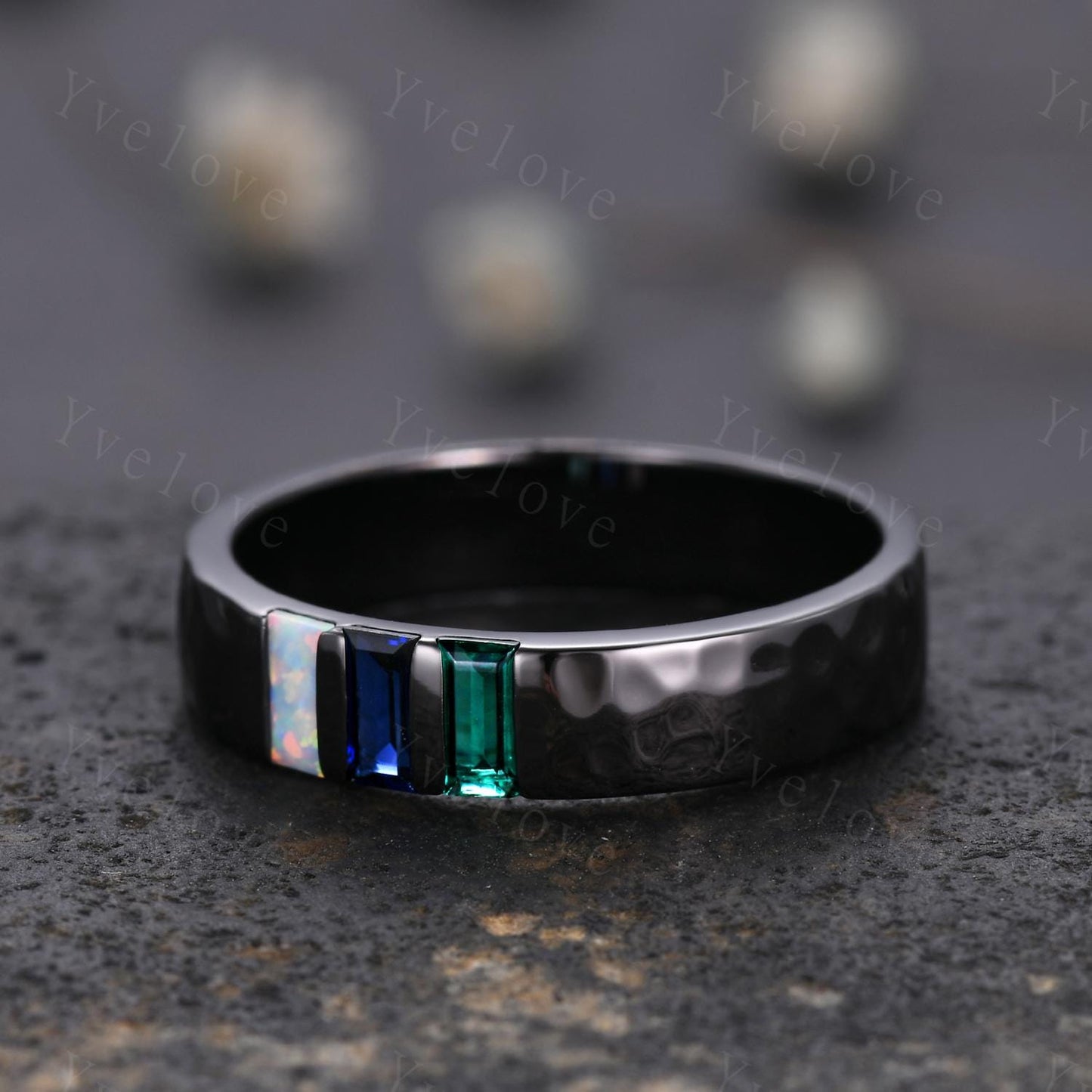 Mens Blue Sapphire Wedding Band Baguette Cut Emerald Opal Band 5mm Black Gold Ring Mens Hammered Stacking Matching Band Vintage Gift For Him