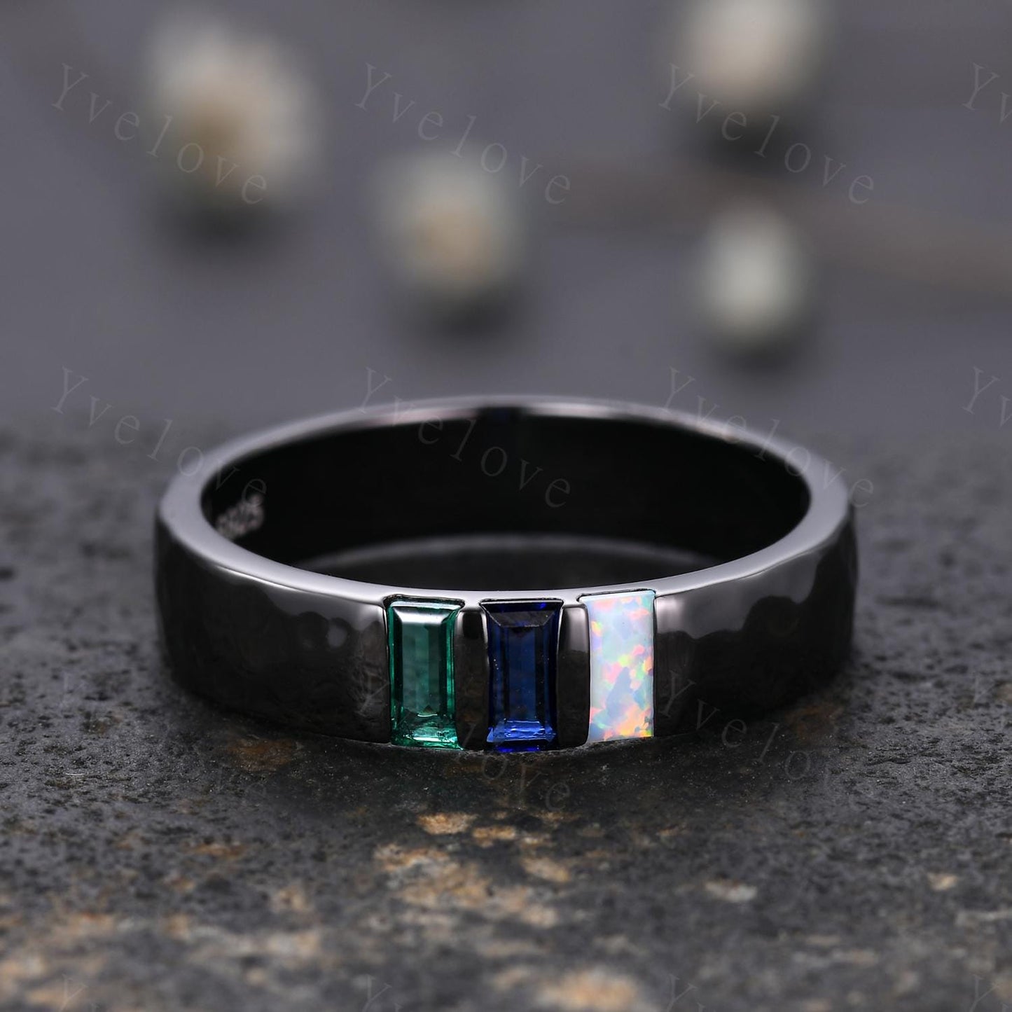 Mens Blue Sapphire Wedding Band Baguette Cut Emerald Opal Band 5mm Black Gold Ring Mens Hammered Stacking Matching Band Vintage Gift For Him