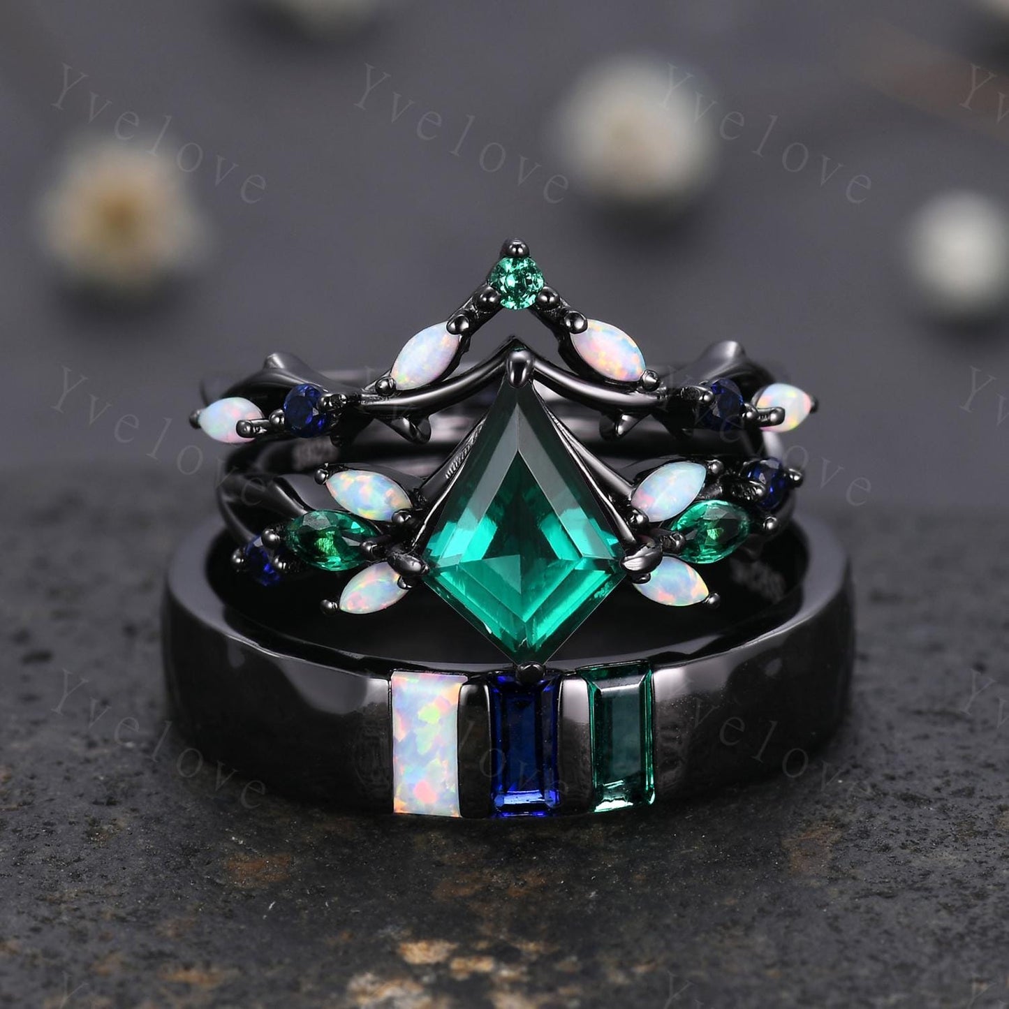 Couple Ring Set Mens Kite Green Emerald Engagement Ring Baguette Opal Sapphire Wedding Ring Black Band Mens Stacking Ring Birthstone Gift