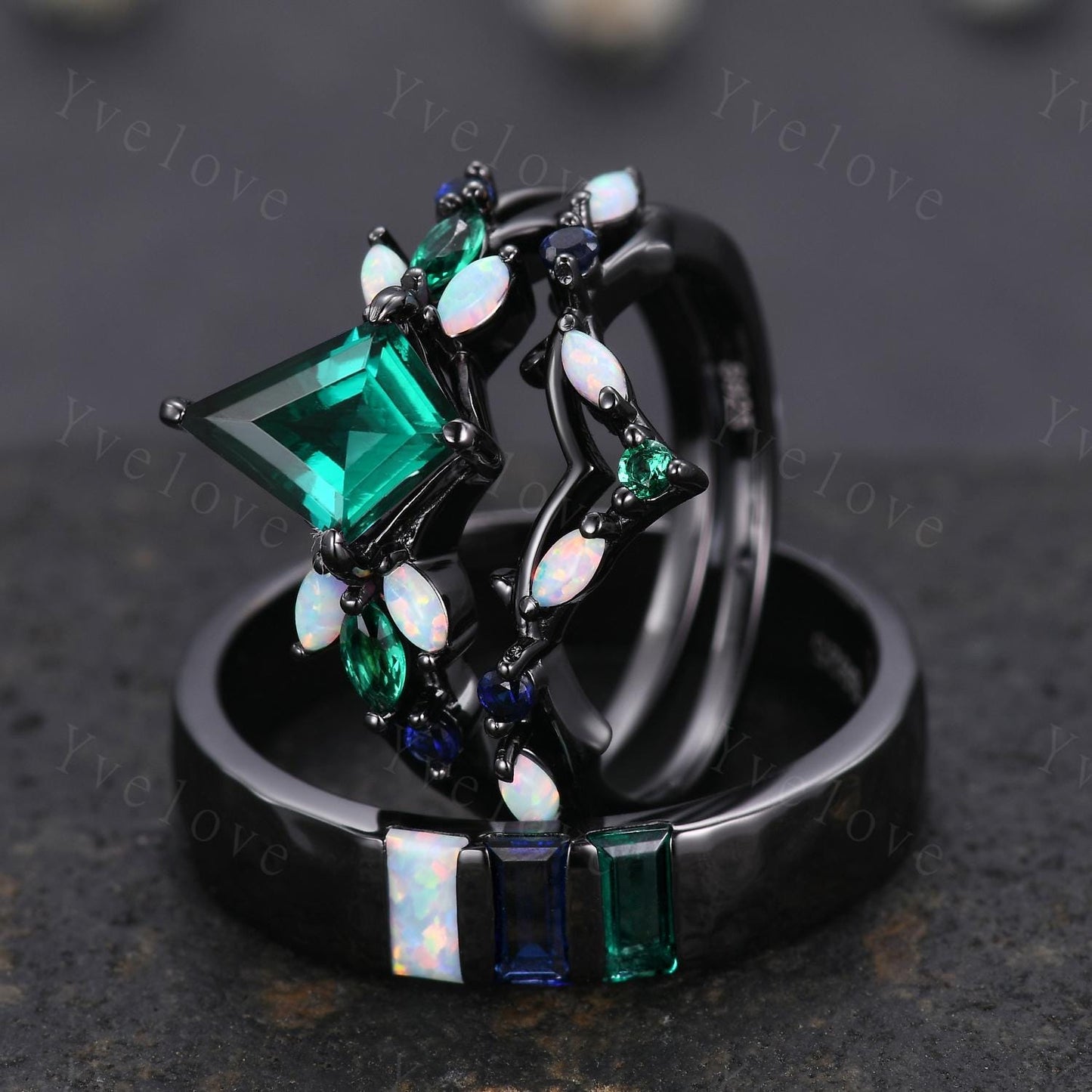 Couple Ring Set Mens Kite Green Emerald Engagement Ring Baguette Opal Sapphire Wedding Ring Black Band Mens Stacking Ring Birthstone Gift
