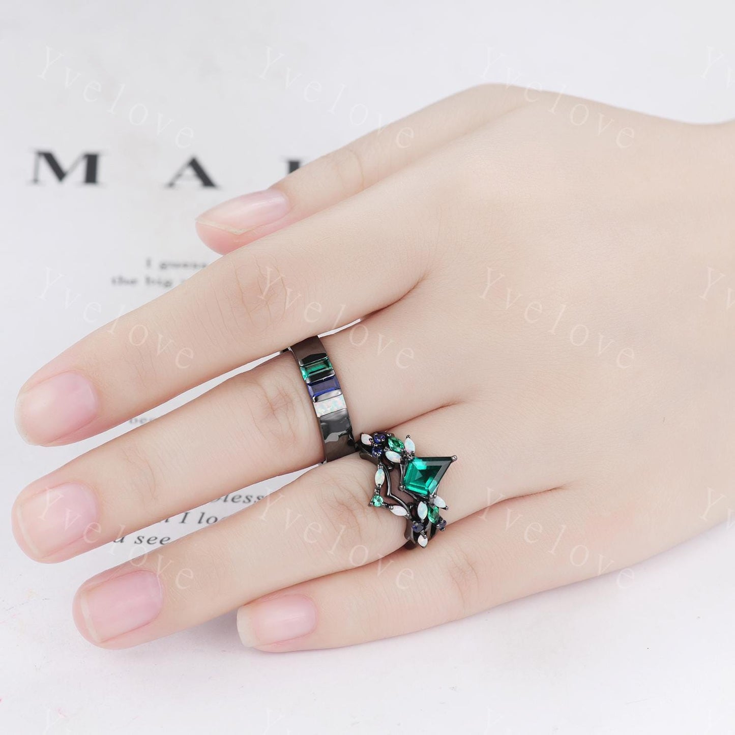 Couple Ring Set Mens Kite Green Emerald Engagement Ring Baguette Opal Sapphire Wedding Ring Black Band Mens Stacking Ring Birthstone Gift