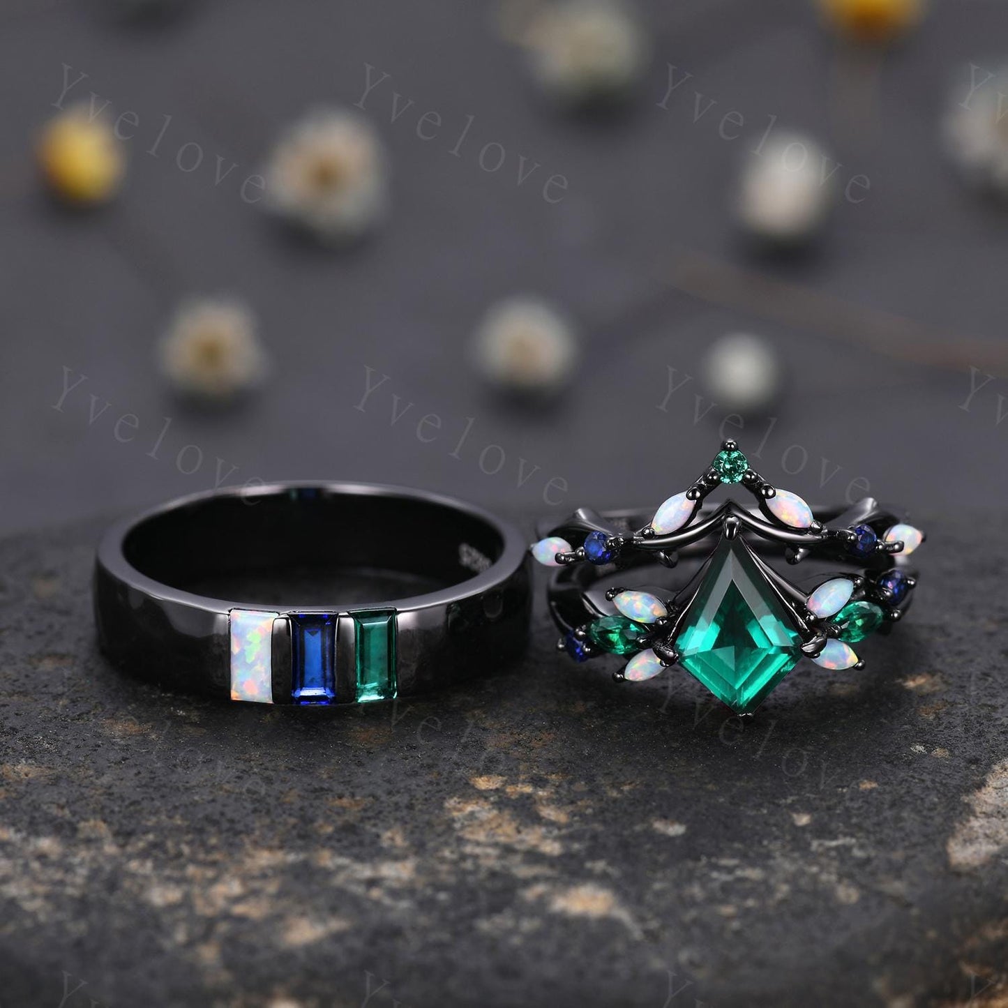 Couple Ring Set Mens Kite Green Emerald Engagement Ring Baguette Opal Sapphire Wedding Ring Black Band Mens Stacking Ring Birthstone Gift