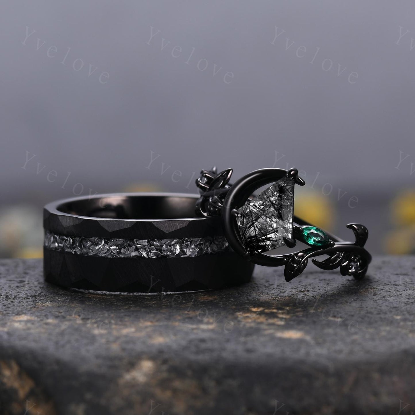 Unique Kite Cut Black Rutilated Quartz Couple Ring Set Gothic Black Rings His and Hers Wedding Band Mens Tungsten Ring Couples Promise Ring