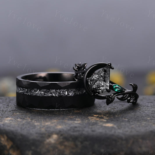 Unique Kite Cut Black Rutilated Quartz Couple Ring Set Gothic Black Rings His and Hers Wedding Band Mens Tungsten Ring Couples Promise Ring