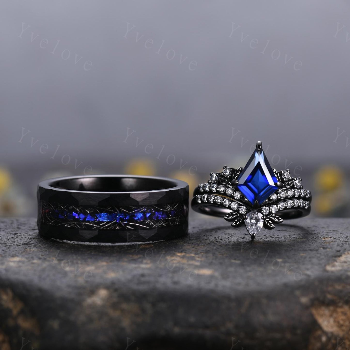 Blue Sapphire Outer Space Couples Ring Set,Orion Nebula Ring,His and Hers Wedding Band,Tungsten Black Gold Silver Anniversary Promise Ring