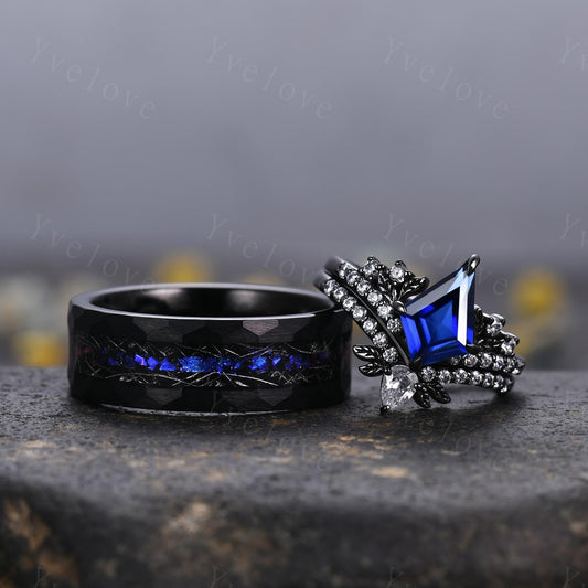 Blue Sapphire Outer Space Couples Ring Set,Orion Nebula Ring,His and Hers Wedding Band,Tungsten Black Gold Silver Anniversary Promise Ring