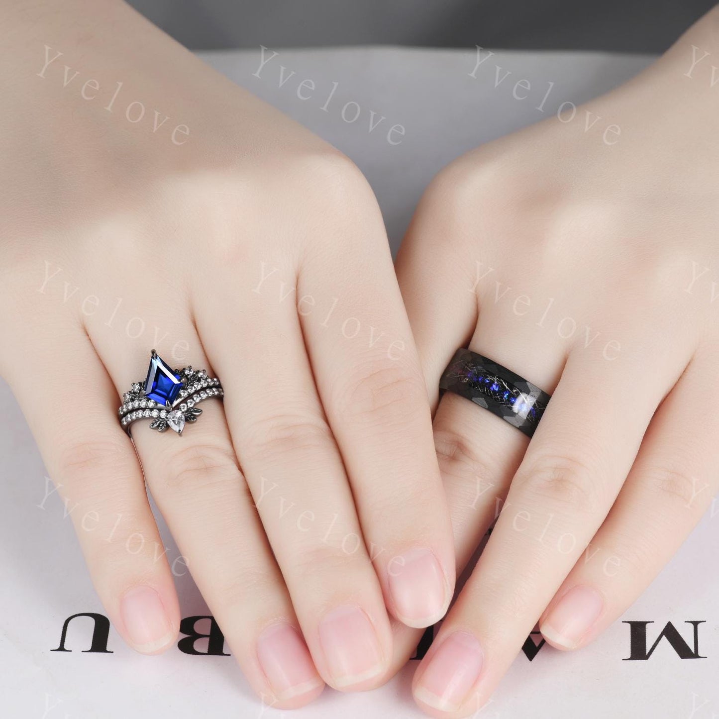 Blue Sapphire Outer Space Couples Ring Set,Orion Nebula Ring,His and Hers Wedding Band,Tungsten Black Gold Silver Anniversary Promise Ring