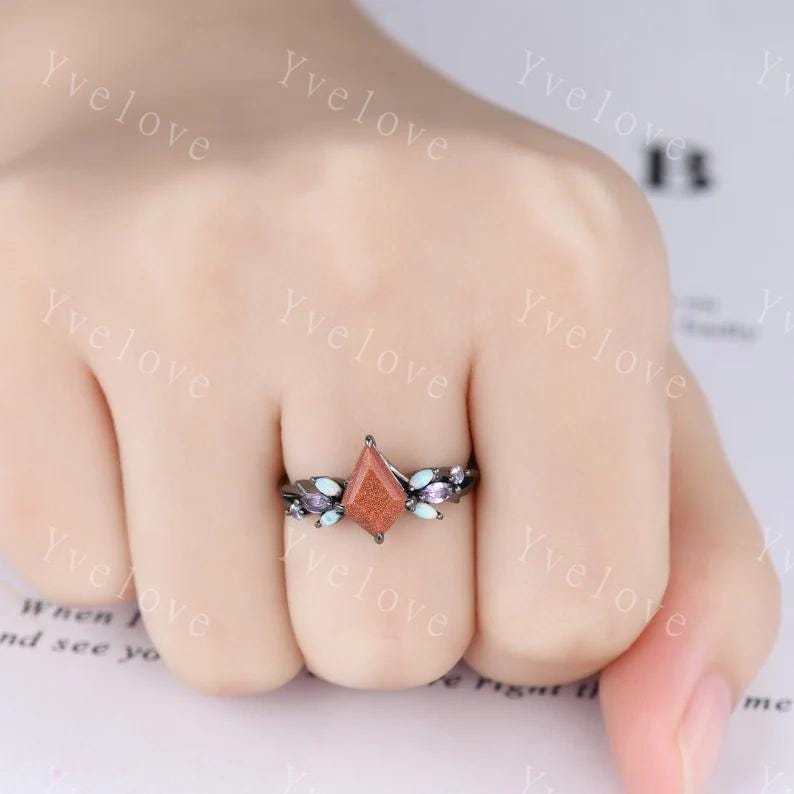 Vintage Kite Golden Sandstone Engagement Ring Set,Black Gold,Vines Amethyst Opal Ring,Women Bridal Set,Unique Twig Anniversary Promise Ring