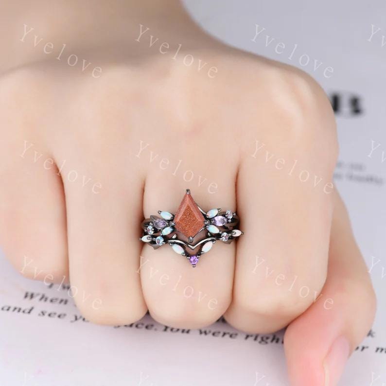 Vintage Kite Golden Sandstone Engagement Ring Set,Black Gold,Vines Amethyst Opal Ring,Women Bridal Set,Unique Twig Anniversary Promise Ring