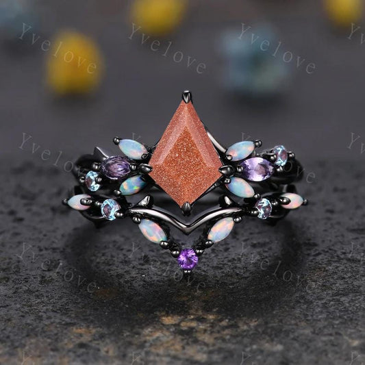 Vintage Kite Golden Sandstone Engagement Ring Set,Black Gold,Vines Amethyst Opal Ring,Women Bridal Set,Unique Twig Anniversary Promise Ring