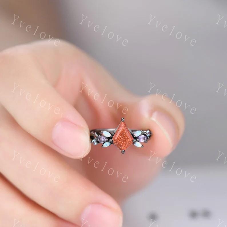 Vintage Kite Golden Sandstone Engagement Ring Set,Black Gold,Vines Amethyst Opal Ring,Women Bridal Set,Unique Twig Anniversary Promise Ring