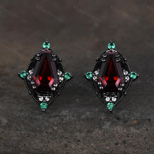 Antique garnet emerald earrings black gold earring studs coffin cut earrings vintage red garnet studs antique anniversary gift for her