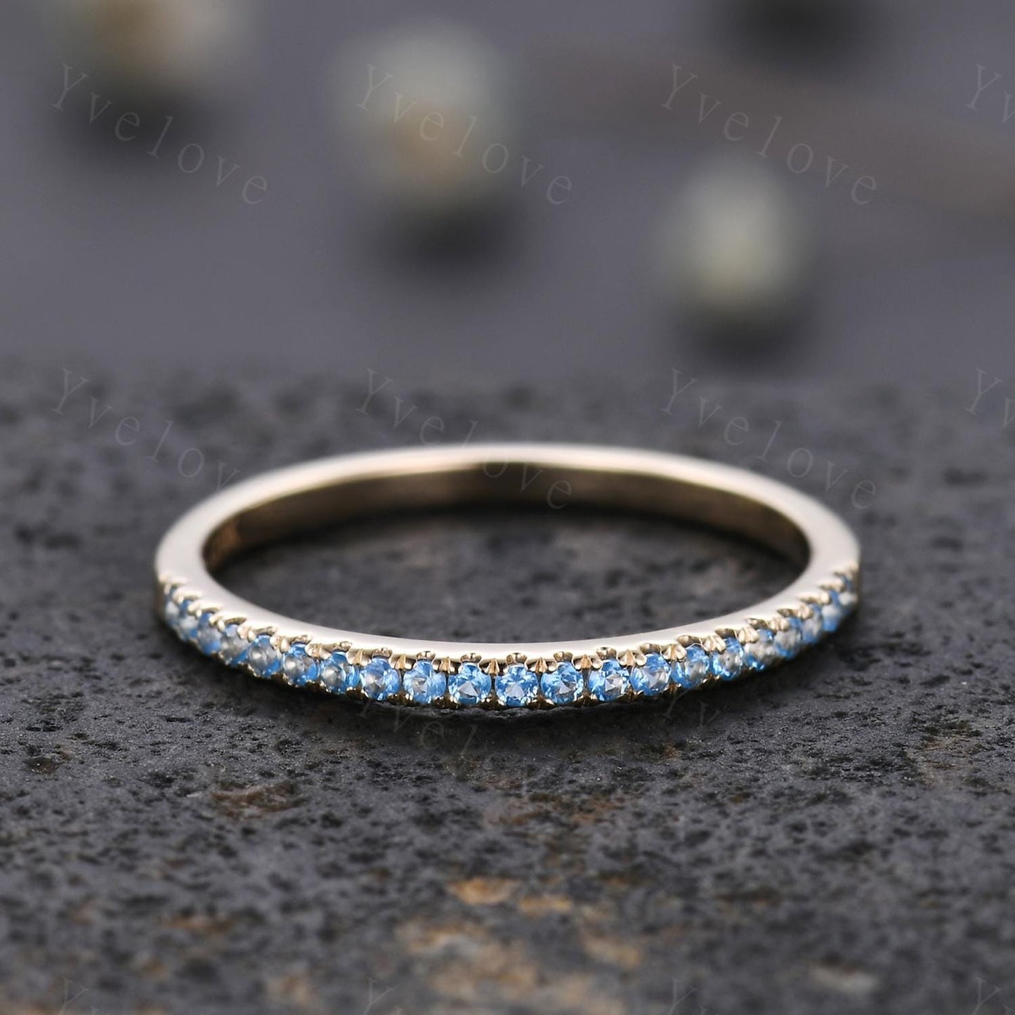 Swiss blue topaz wedding ring 14k white gold wedding band half eternity blue topaz matching band stacking ring anniversary gift for women