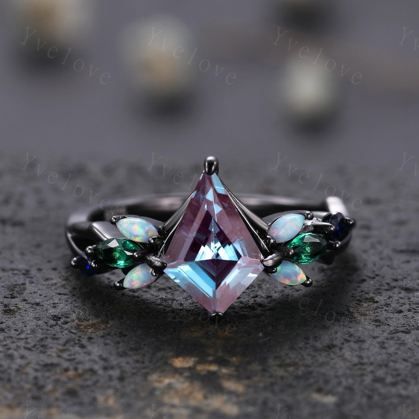 Vintage Kite Alexandrite Engagement Ring Set,Black Gold,Vines Emerald Opal Ring,Women Bridal Set,Unique Twig Anniversary Promise Ring Gift
