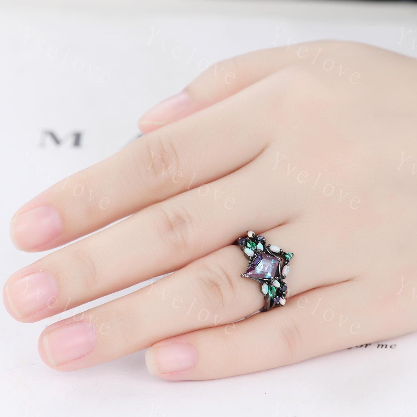Vintage Kite Alexandrite Engagement Ring Set,Black Gold,Vines Emerald Opal Ring,Women Bridal Set,Unique Twig Anniversary Promise Ring Gift