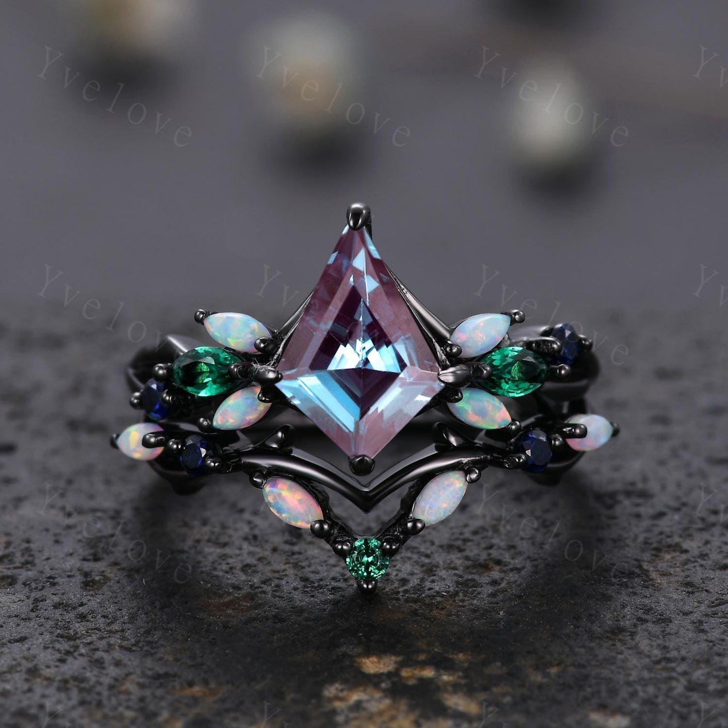 Vintage Kite Alexandrite Engagement Ring Set,Black Gold,Vines Emerald Opal Ring,Women Bridal Set,Unique Twig Anniversary Promise Ring Gift