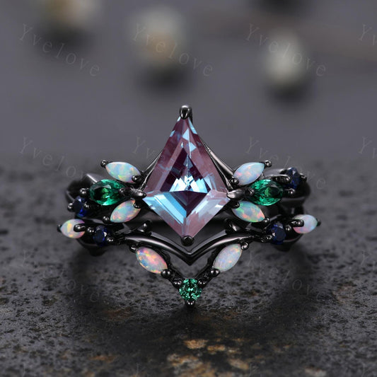 Vintage Kite Alexandrite Engagement Ring Set,Black Gold,Vines Emerald Opal Ring,Women Bridal Set,Unique Twig Anniversary Promise Ring Gift
