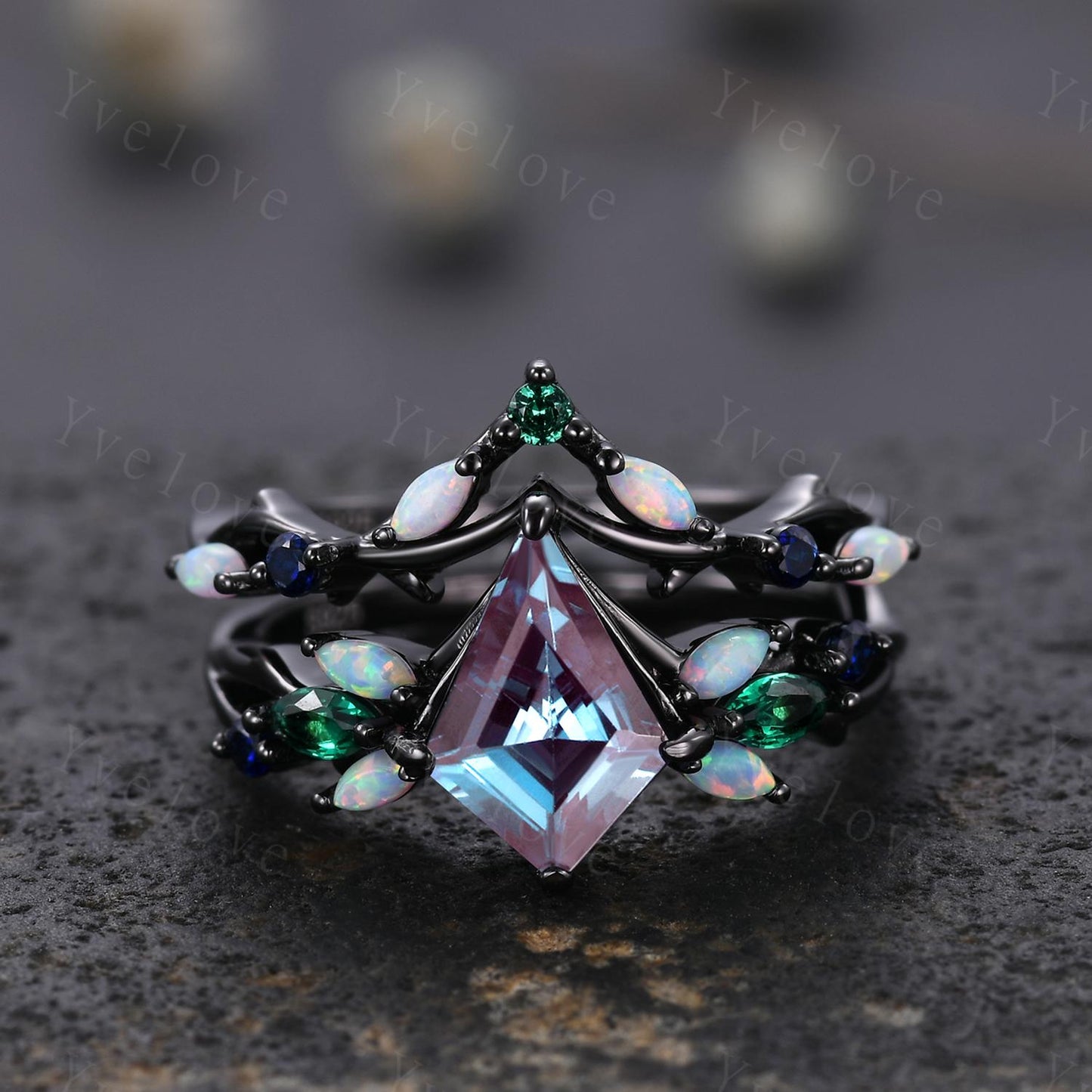 Vintage Kite Alexandrite Engagement Ring Set,Black Gold,Vines Emerald Opal Ring,Women Bridal Set,Unique Twig Anniversary Promise Ring Gift