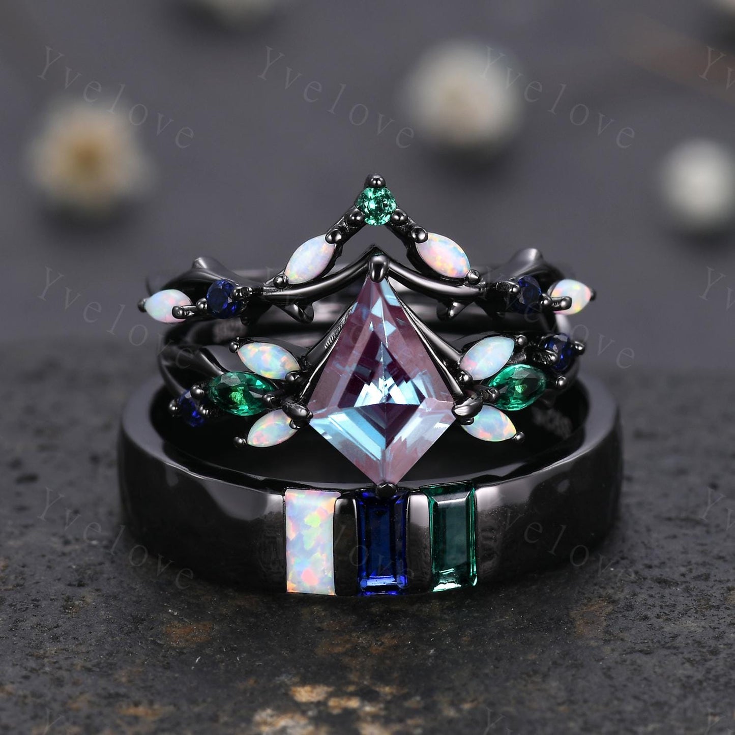 Couple Ring Set Mens Kite Alexandrite Engagement Ring Baguette Opal Sapphire Wedding Ring Black Band Mens Stacking Ring Birthstone Gift