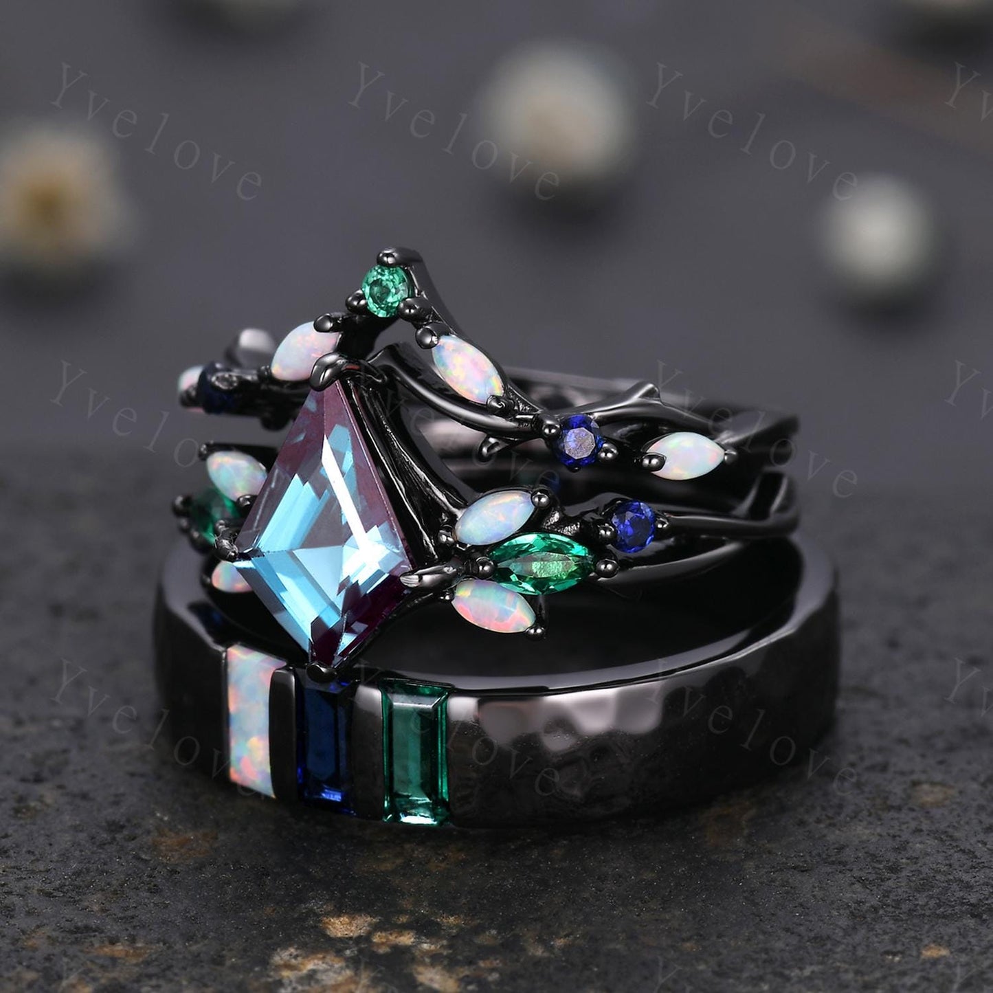 Couple Ring Set Mens Kite Alexandrite Engagement Ring Baguette Opal Sapphire Wedding Ring Black Band Mens Stacking Ring Birthstone Gift